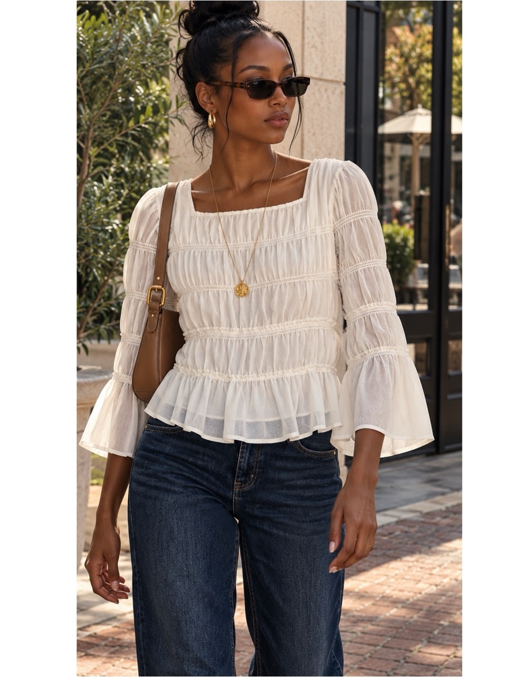Madewell Tiered Smocked Chiffon White Blouse women’s Size M Top Square Neck New